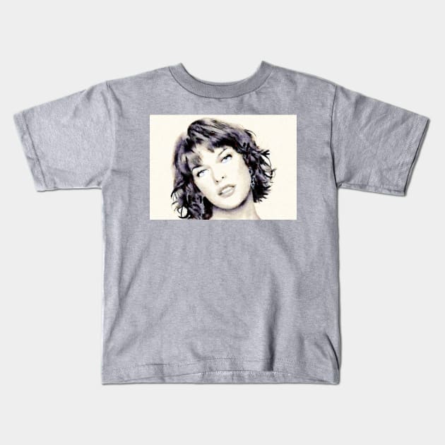 Milla Jovovich Portrait Kids T-Shirt by happyantsstudio